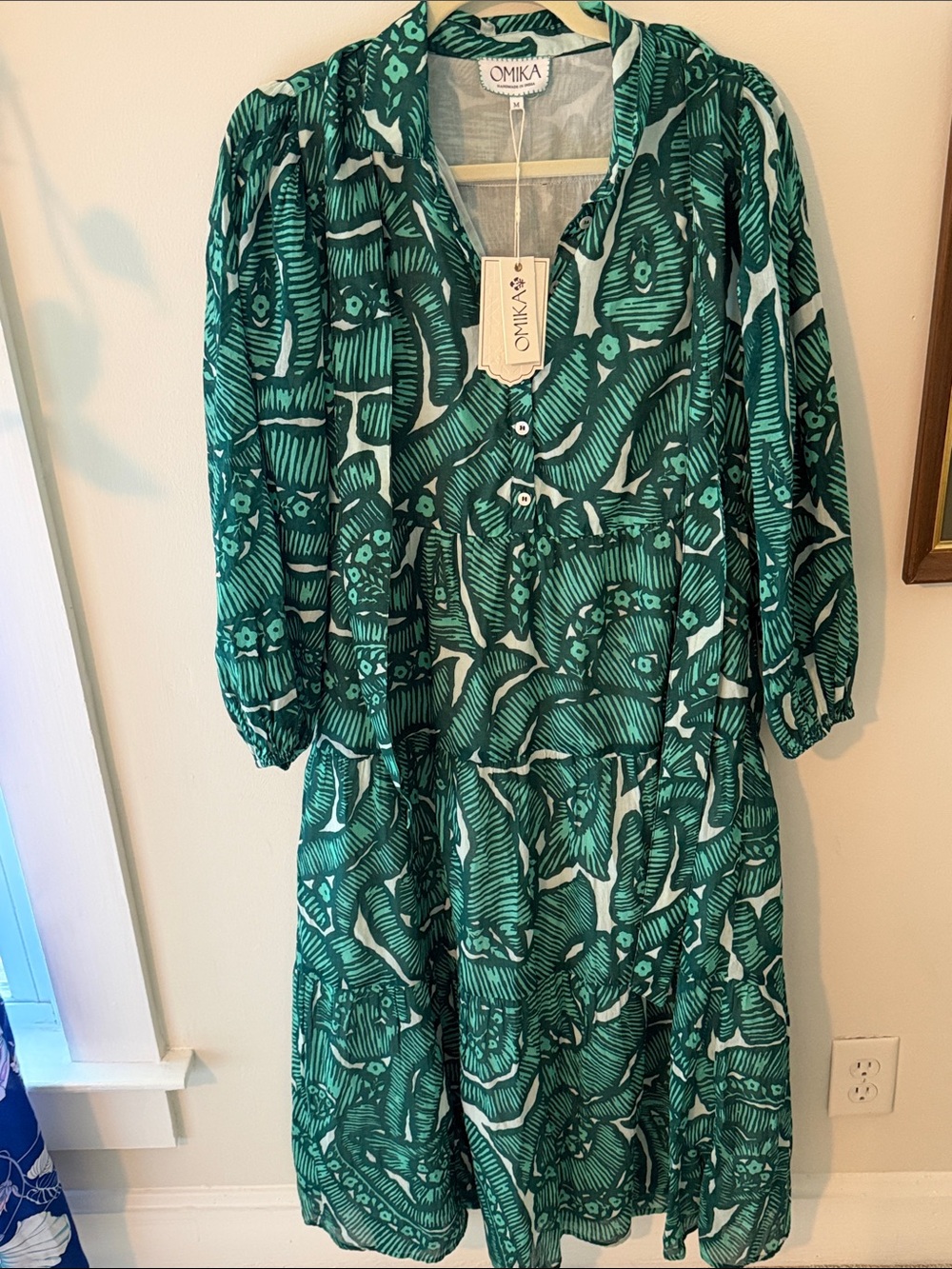 Romika Green & White Printed Tiered Long-Sleeve Dress